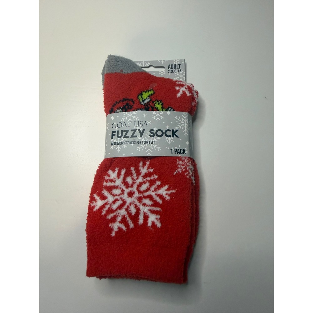 Goat USA Fuzzy Socks Red Snowflake Holiday Christmas Crew Socks Adult Size 8-13